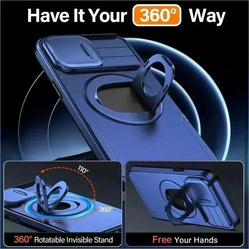 360 Rotatable‎ Magnetic Ring Case With Camera Cover For 13 Pro Max 6.7” Blue
